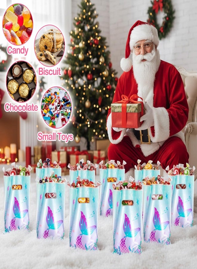 Matwsec 50 Pcs Mermaid Goodie Bags Plastic Gift Bag Christmas for Party Favor Under The Sea Goodie Bag Mermaid Tail Treat Bags with Handles for Candy Girls Kids Birthday - Image 5